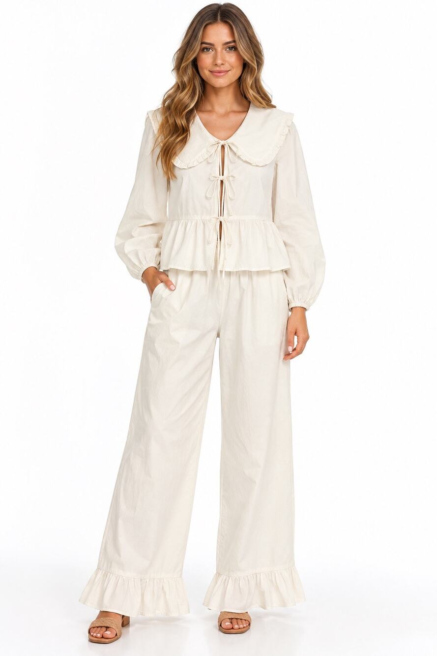 Cottagecore Ivory 100% Cotton Peter Pan Collar Ruffle 2 Piece Pants Set Medium
